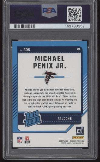 2024 Donruss Michael Penix Jr Rated Rookie #308 Red Ink Auto PSA AUTHENTIC