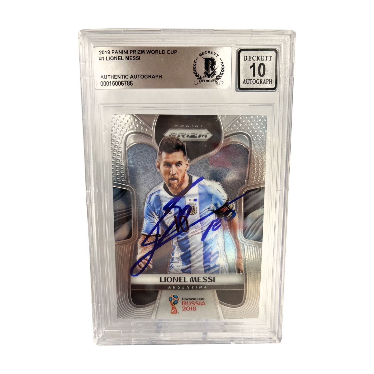 Lionel Messi 2018 Panini Prizm World Cup Card 86 - BSA Encapsulated Graded Auto GM10