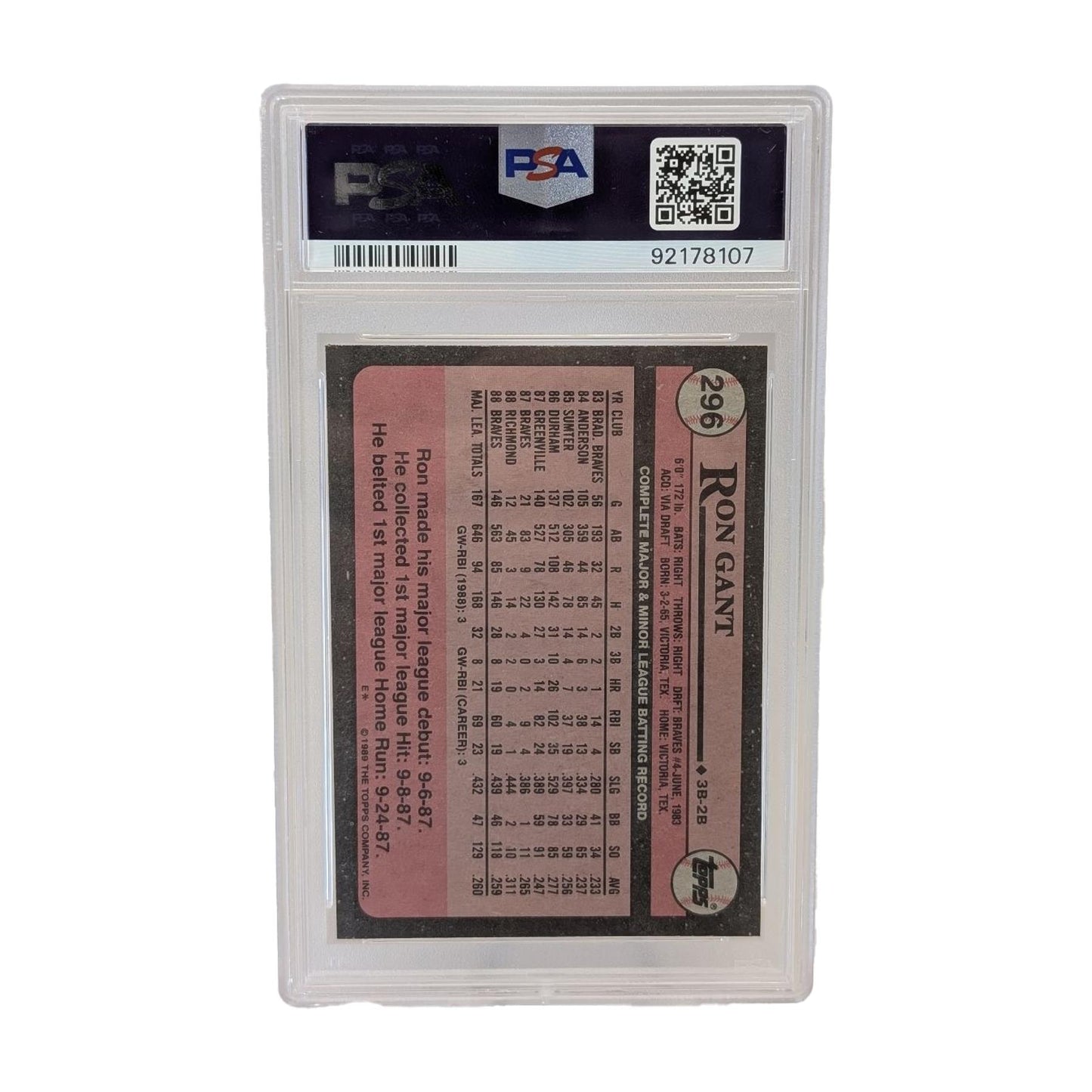 1989 Topps Ron Gant #296 Atlanta Braves PSA 9 Mint