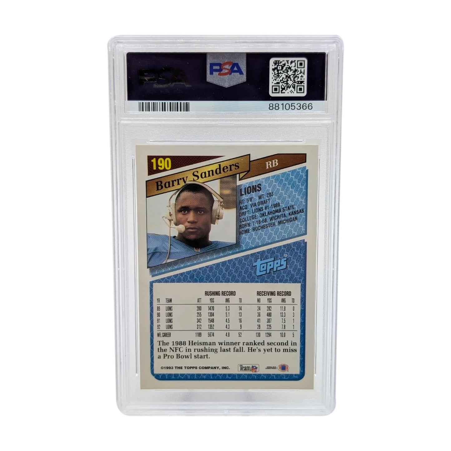 Barry Sanders 1993 Topps Gem Mint 10 Detroit Lions NFL