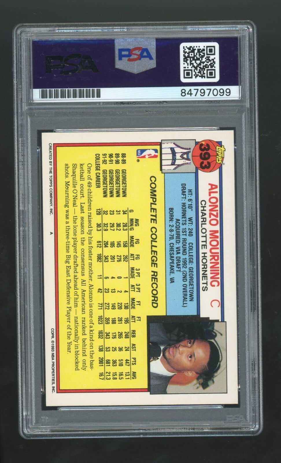 Alonzo Mourning 1992-93 Topps PSA Authentic Auto