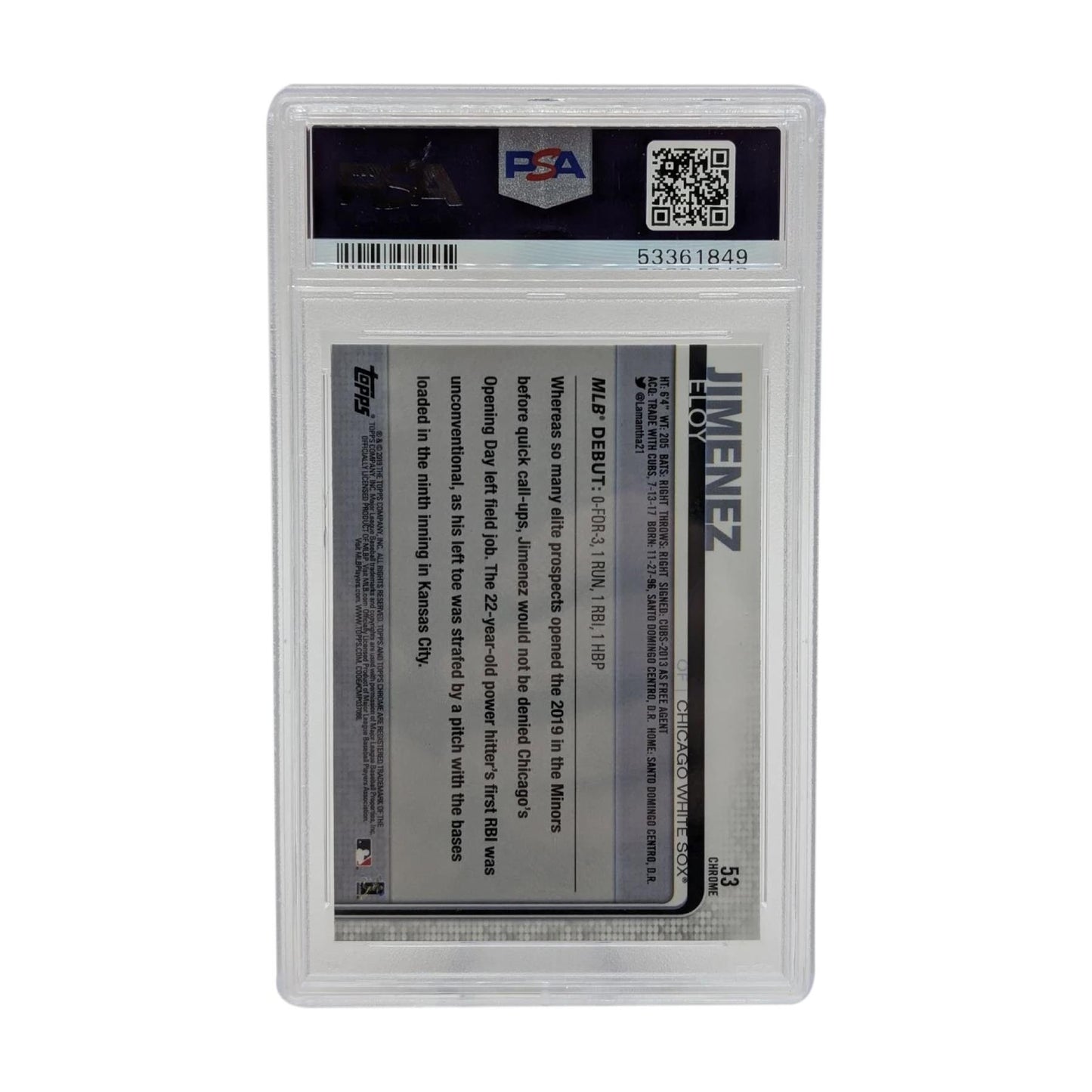 2019 Topps Chrome Update #53 Eloy Jimenez PSA 9 Mint