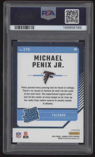 2024 Donruss Optic Michael Penix Jr Purple Shock #279 Red Auto PSA 9 AUTO 10 RC
