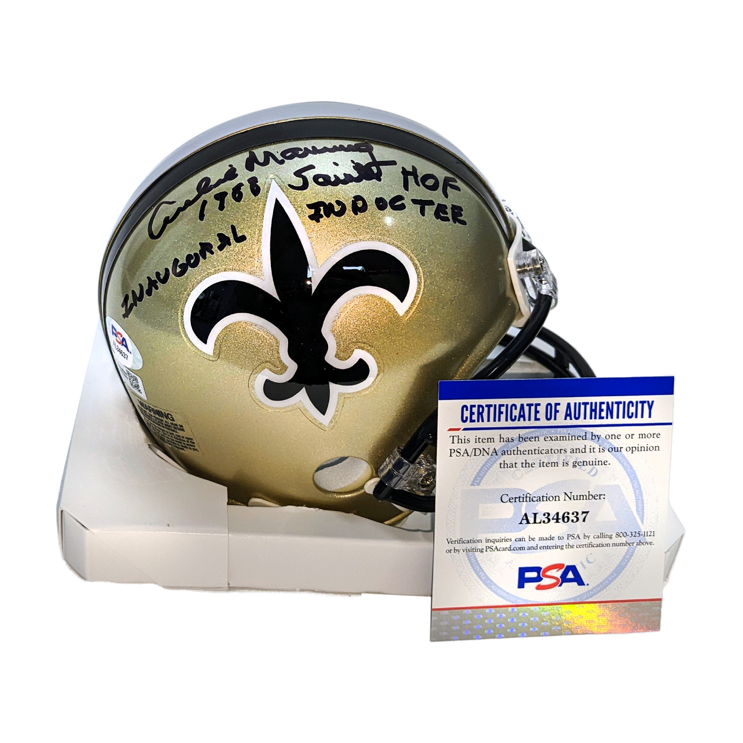 Archie Manning Autographed Hand Signed New Orleans Saints VSR4 Mini Football Helmet with HOF Inscription - BAS