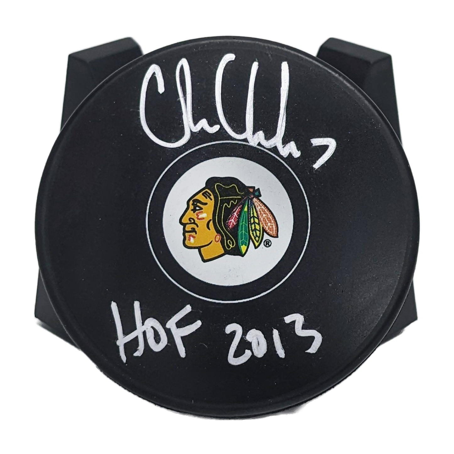 Chris Chelios Autographed Official Blackhawks Hockey Puck with HOF 2013 Inscription. Fanatics Authentication.