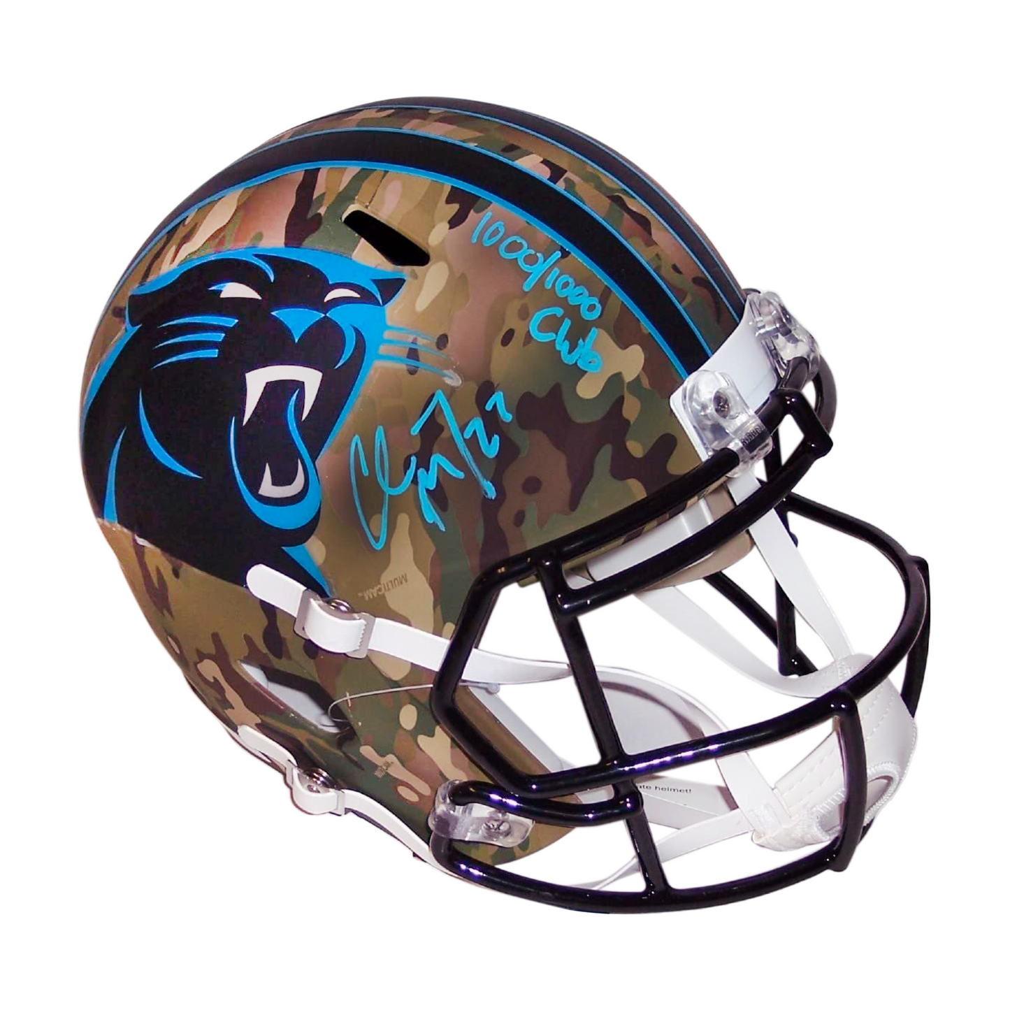 Christian McCaffrey Autographed Hand Signed Carolina Panthers Camo Speed Full Size Football Helmet - 1000/1000 Club inscription