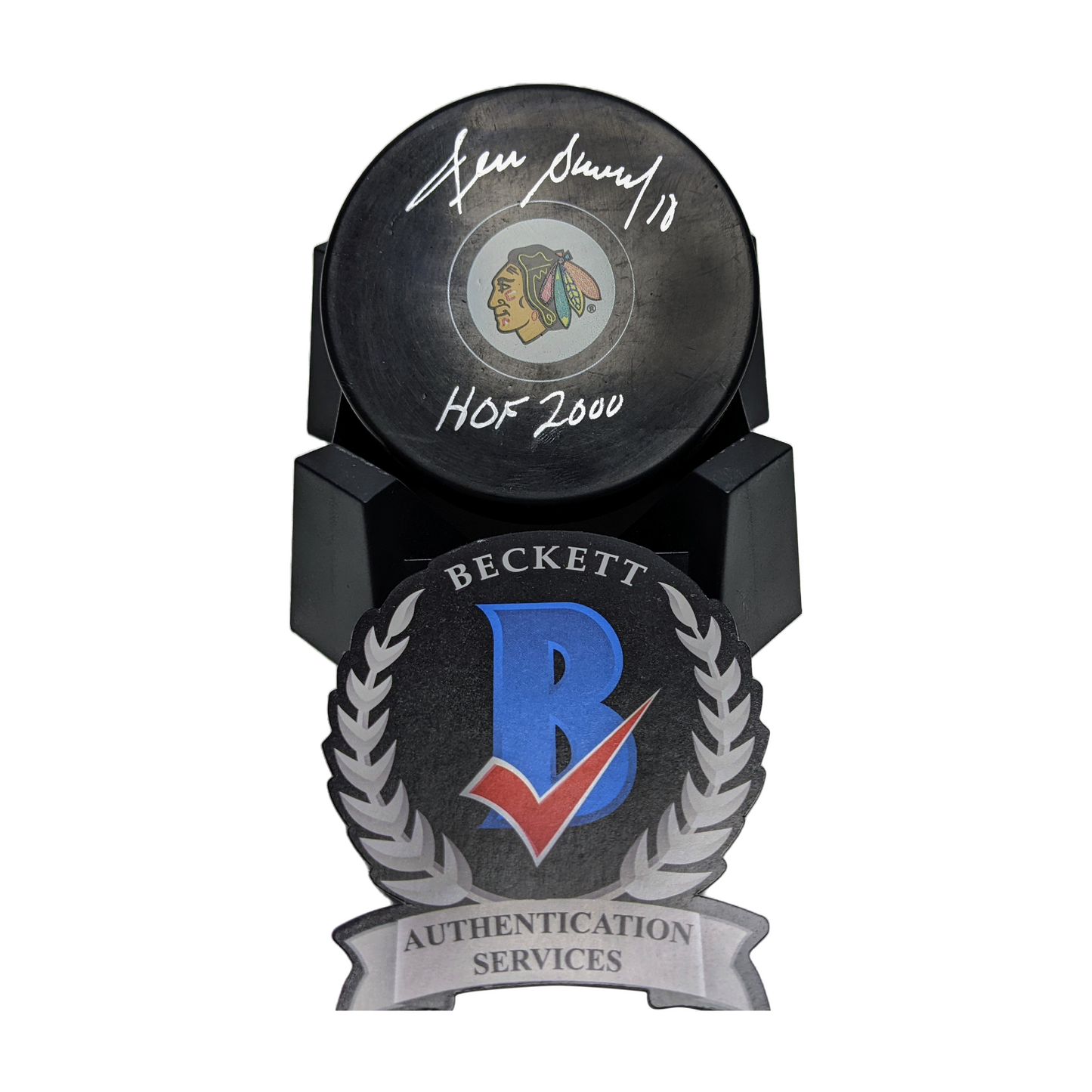 Denis Sevard Autographed Official Blackhawks Hockey Puck with HOF 2000 Inscription. Beckett Authentication.