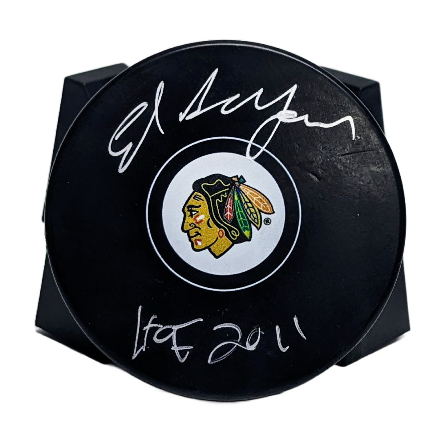 Ed Belfour Autographed Official Blackhawks Hockey Puck with HOF 2011 Inscription. PSA Authentication.