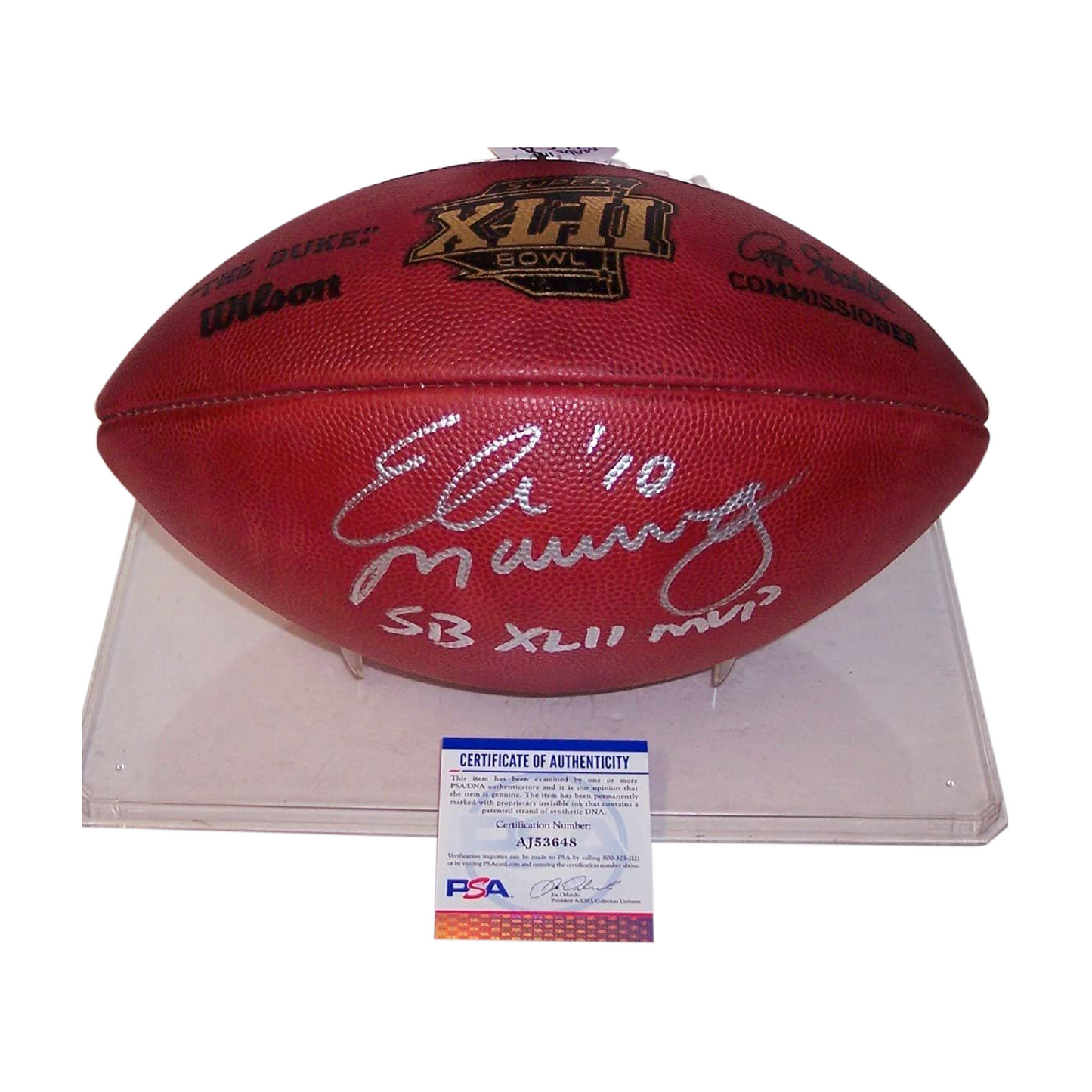 Eli Manning Autographed Hand Signed Super Bowl 42 XLII Official Wilson NFL Leather Football - with SB XLII MVP Inscription - PSA/DNA