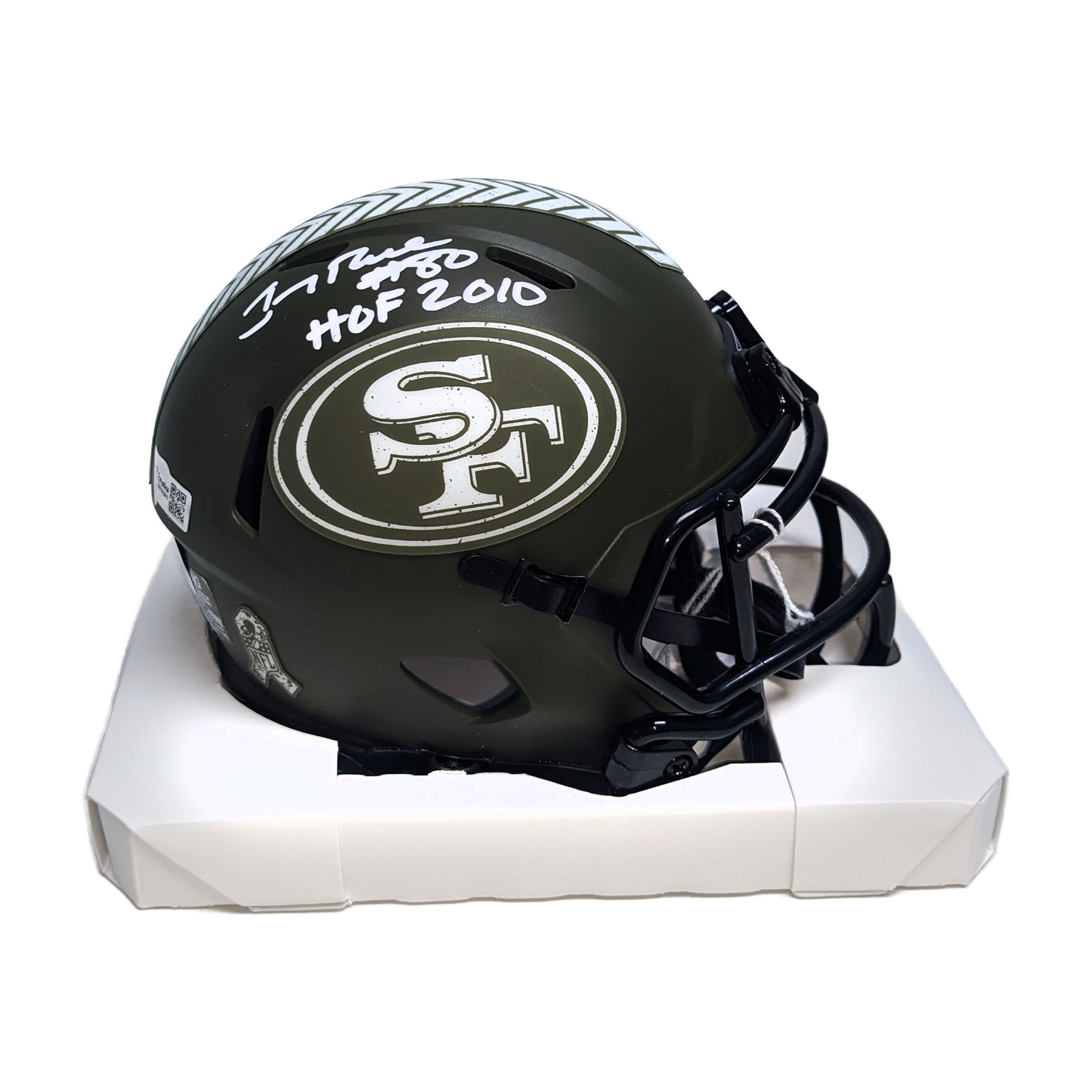 Jerry Rice Autographed Hand Signed San Francisco 49ers Salute to Service Mini Football Helmet with HOF 2010 - BAS Beckett Authentication