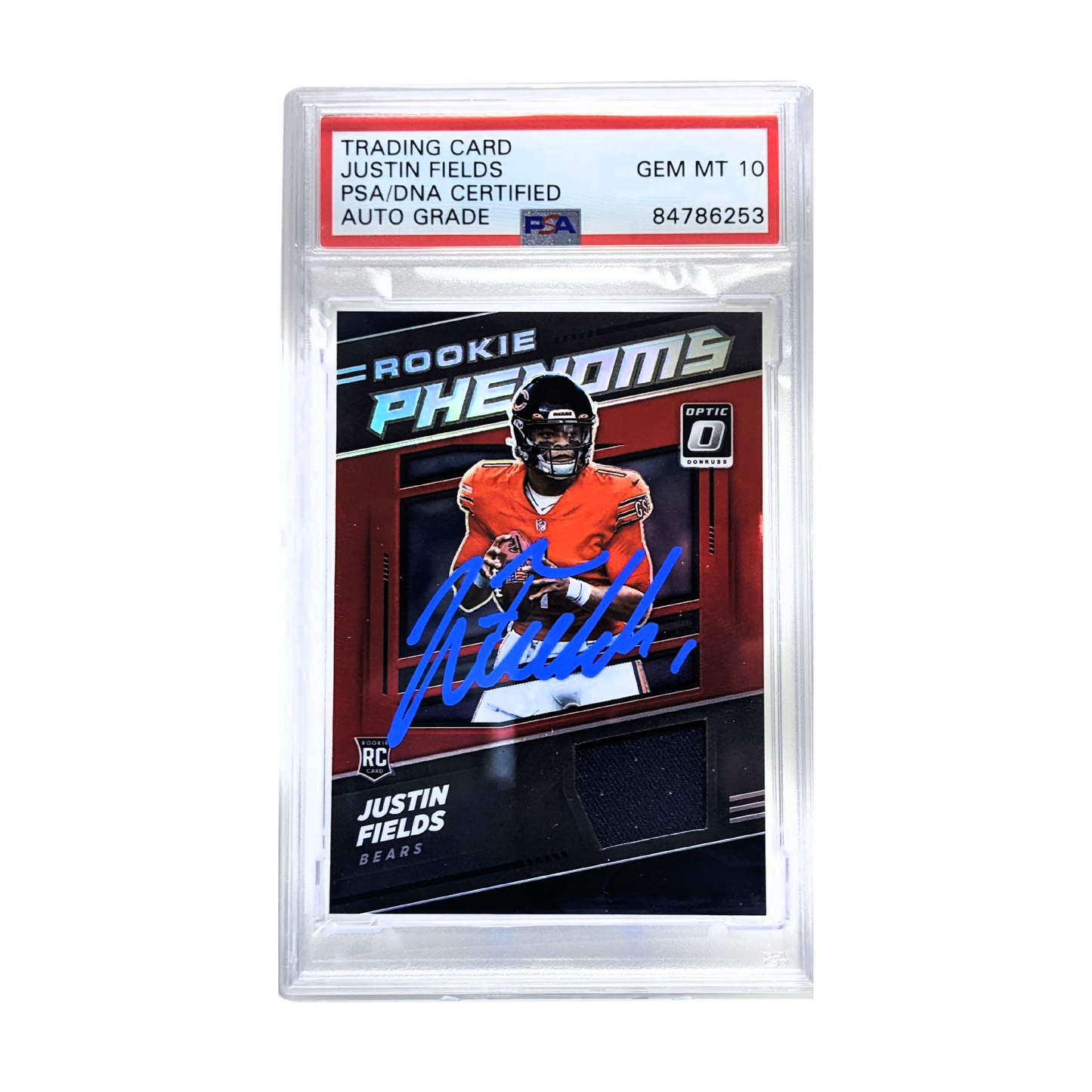 Justin Fields 2021 Panini Phenoms Patch Relic Blue Parallel Autographed Card - PSA Encapsulated GM10