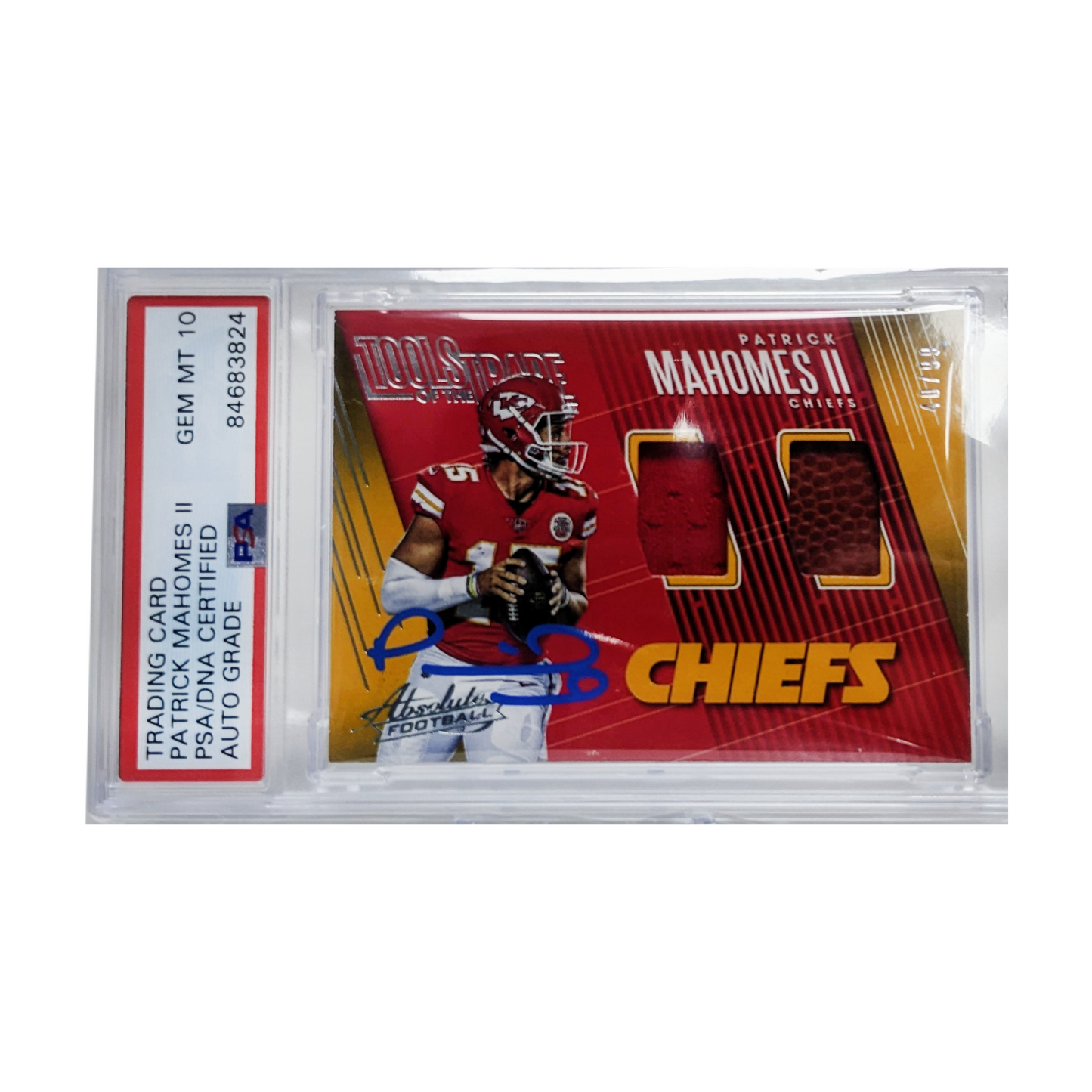 Patrick Mahomes 2017 Panini Absolute Tools of the Trade Autographed Card - PSA Encapsulated GM10