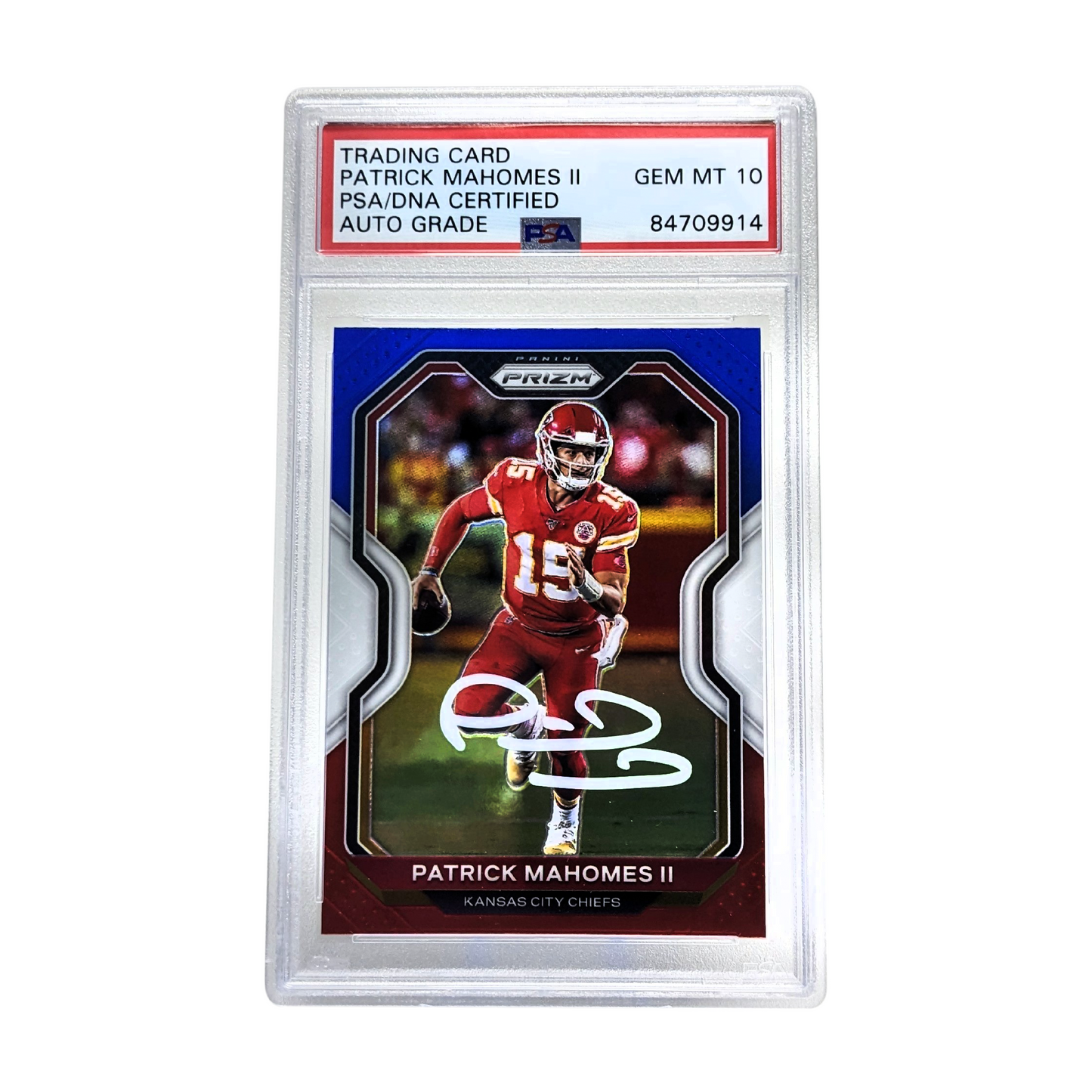 Patrick Mahomes 2020 Panini Prizm Red White and Blue Parallel Autographed Card - PSA Encapsulated GM10
