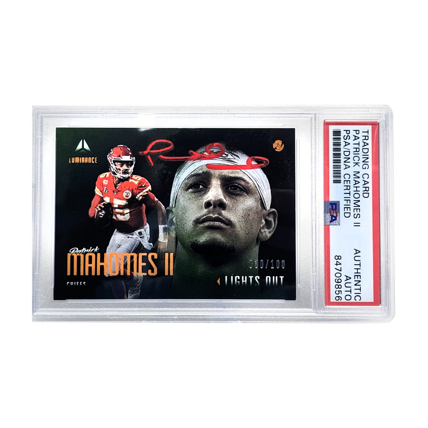 Patrick Mahomes 2021 Panini Luminace Lights Out 30/100 PSA Authentic Auto