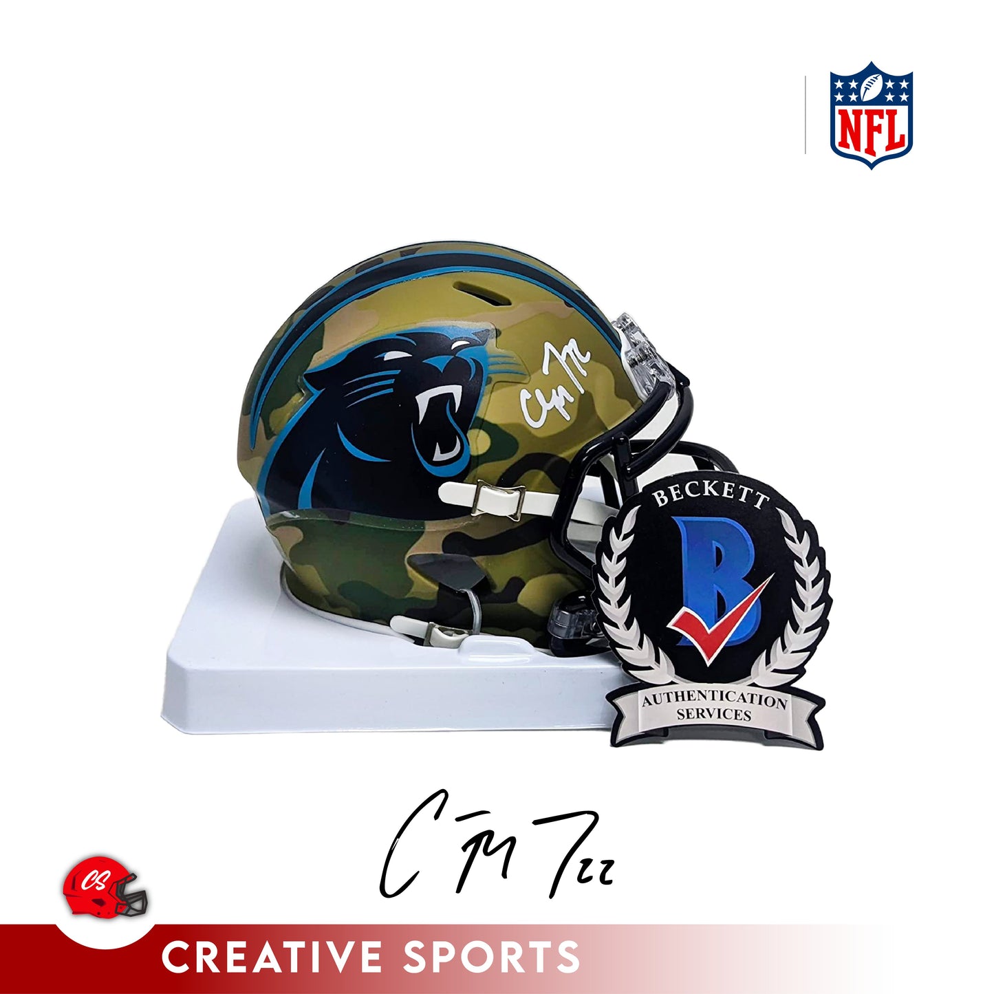 Christian McCaffrey Autographed Hand Signed Carolina Panthers Camo Mini Football Helmet - BAS Beckett Authentication