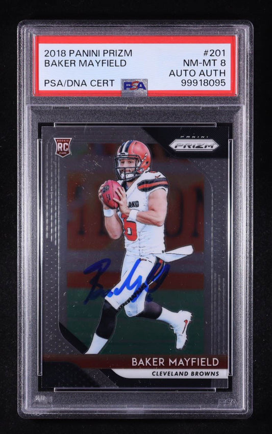 Baker Mayfield Signed 2018 Panini Prizm #201 RC (PSA 8)
