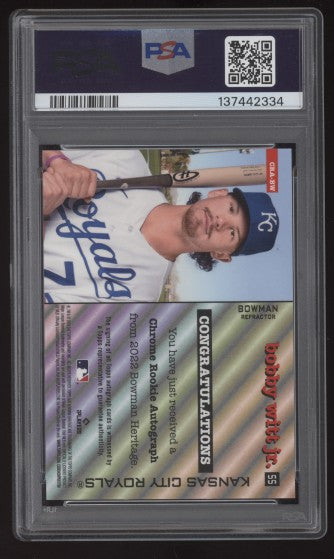 Bobby Witt Jr. 2022 Bowman Heritage Chrome Rookie Card Autograph Refractor /99 PSA 9 Mint