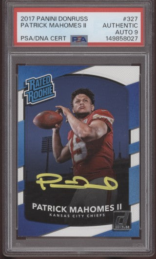 2017 Donruss Rated Rookie RC #327 Patrick Mahomes II Yellow Ink PSA Auto 9