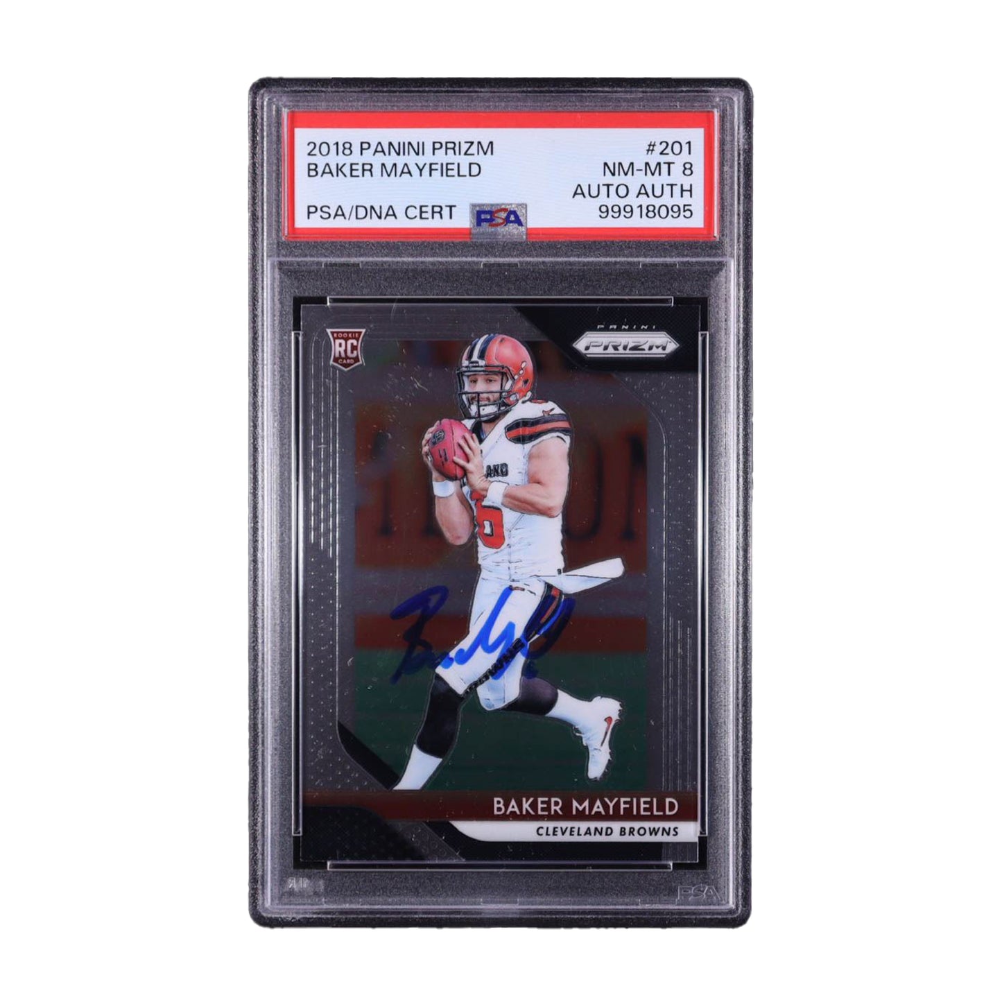 Baker Mayfield Signed 2018 Panini Prizm #201 RC (PSA 8)