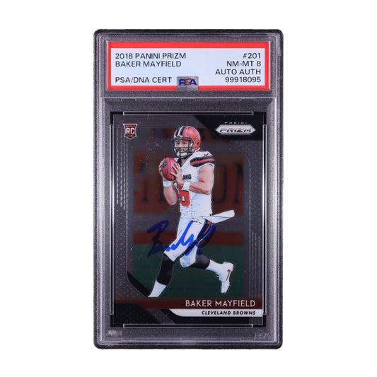 Baker Mayfield Signed 2018 Panini Prizm #201 RC (PSA 8)