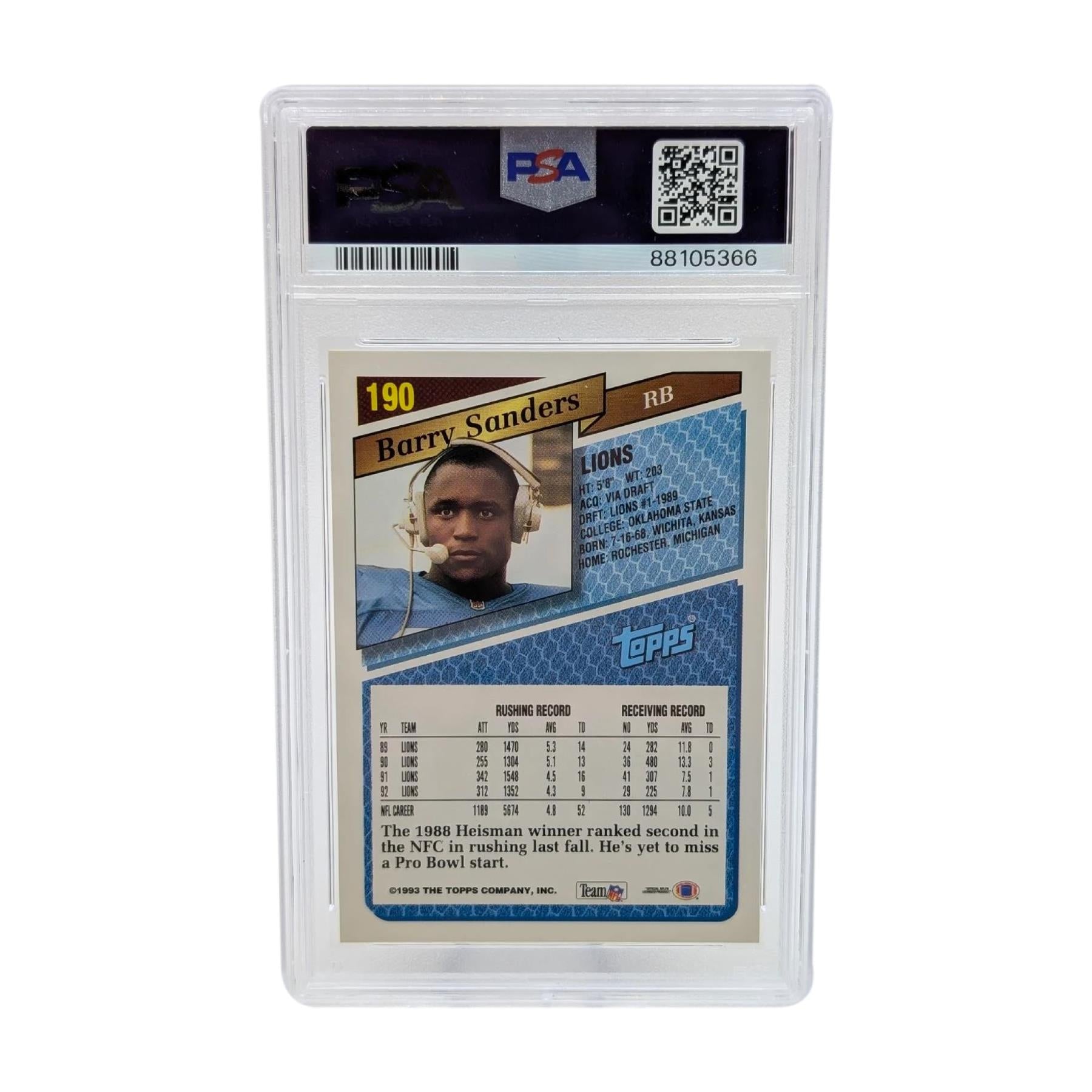 Barry Sanders 1993 Topps Gem Mint 10 Detroit Lions NFL