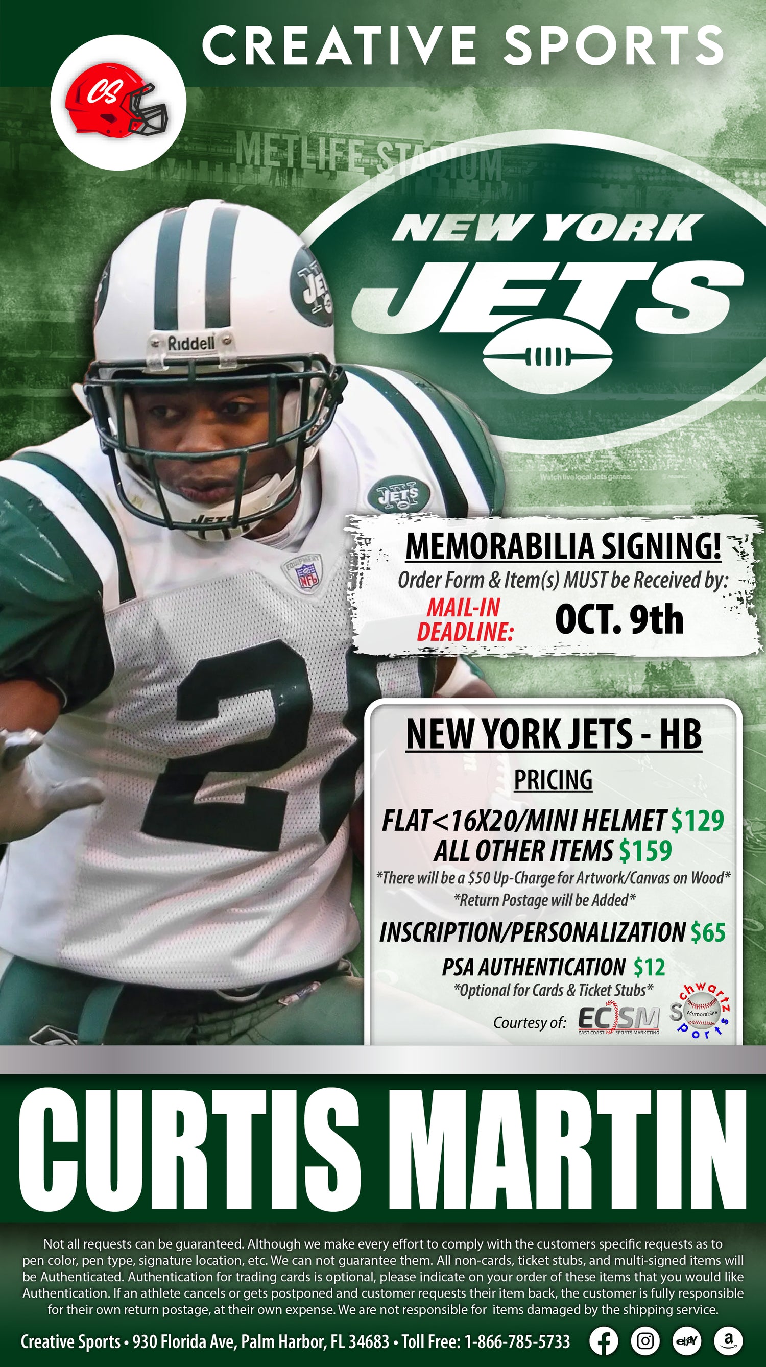 Curtis Martin Signed New York Jets Speed Eclipse NFL Mini Helmet