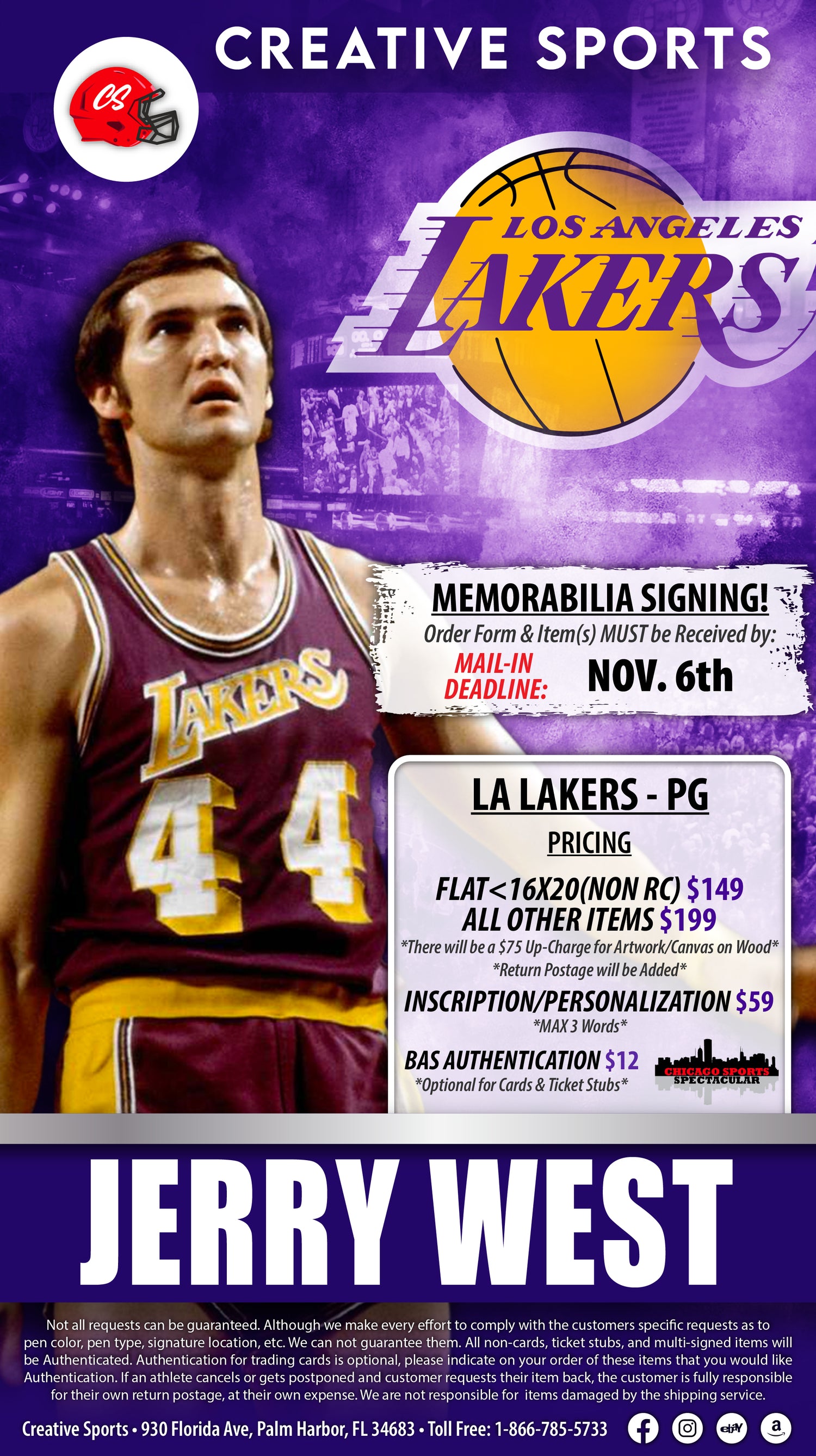 Jerry West Autographed Los Angeles Lakers Purple M&N
