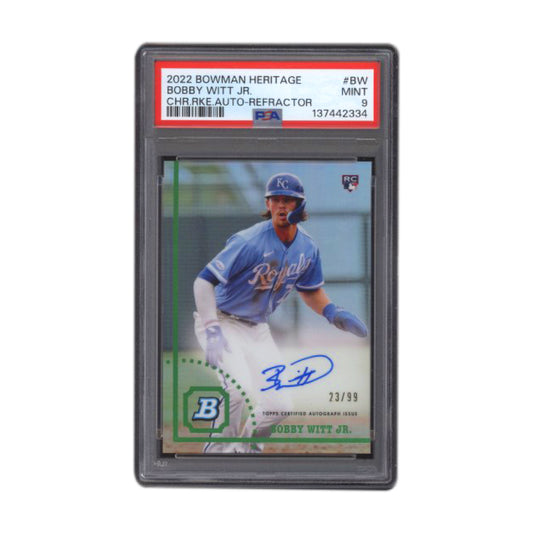 Bobby Witt Jr. 2022 Bowman Heritage Chrome Rookie Card Autograph Refractor /99 PSA 9 Mint