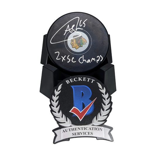 Andrew Shaw Autographed Official Blackhawks Hockey Puck with 2X SC Champs Inscription. Beckett Authentication.