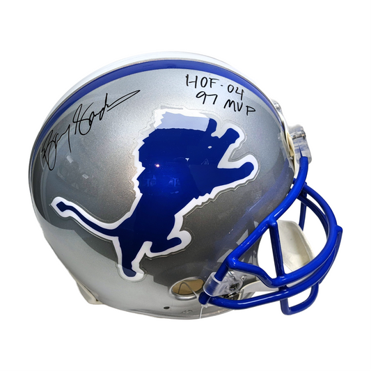 Barry Sanders Autographed Hand Signed Riddell Detroit Lions Throwback Full Size Authentic Pro Football Helmet - 97 MVP & HOF 04 inscriptions