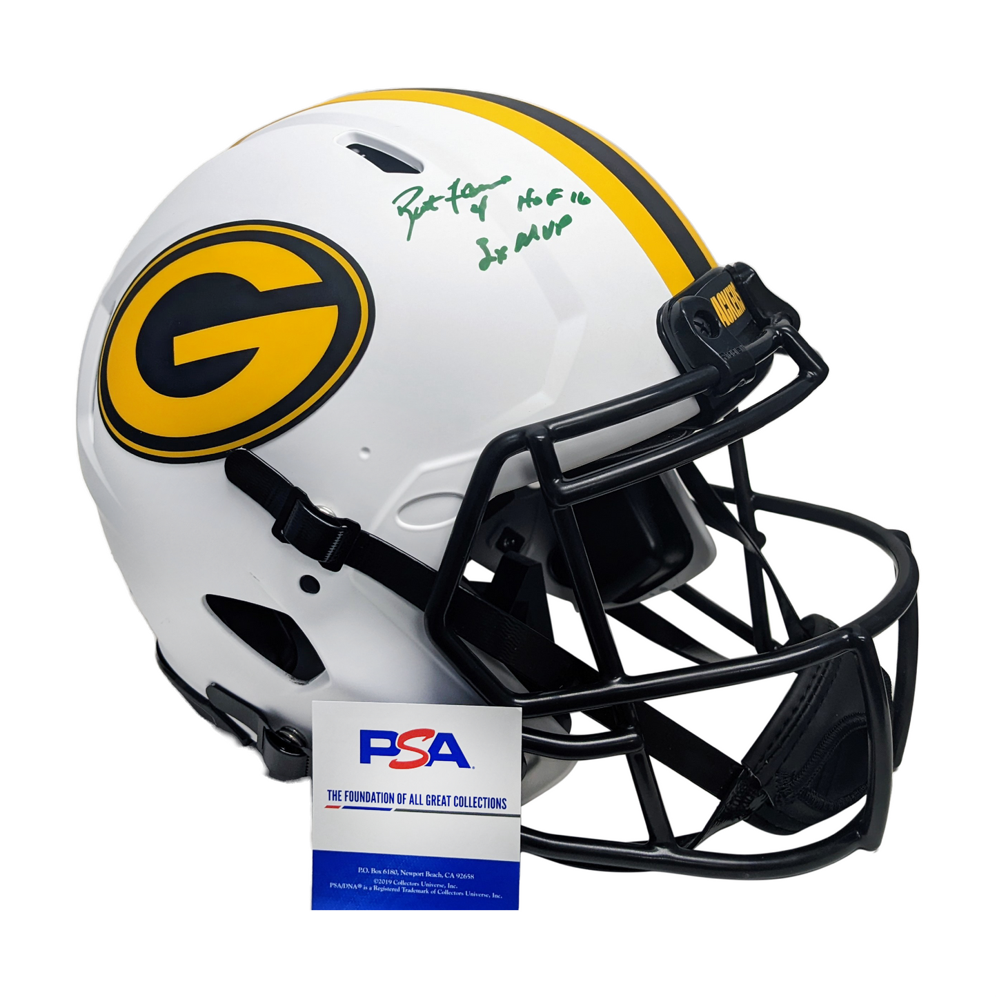 Brett Favre Autographed Hand Signed Green Bay Packers Lunar Full Size Authentic Football Helmet with HOF 16 and 3x MVP Inscriptions - PSA Authentication