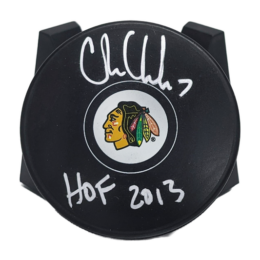 Chris Chelios Autographed Official Blackhawks Hockey Puck with HOF 2013 Inscription. Fanatics Authentication.