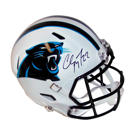 Christian McCaffrey Autographed Hand Signed Carolina Panthers Flat White Speed Full Size Replica Football Helmet - BAS Authentication