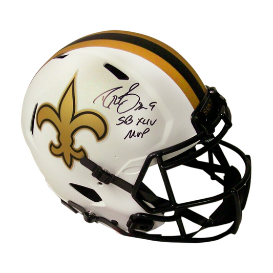 Drew Brees Autographed Hand Signed New Orleans Saints Flat White Lunar Speed Full Size Authentic Football Helmet - SB XLIV MVP Inscription - BAS Authentication