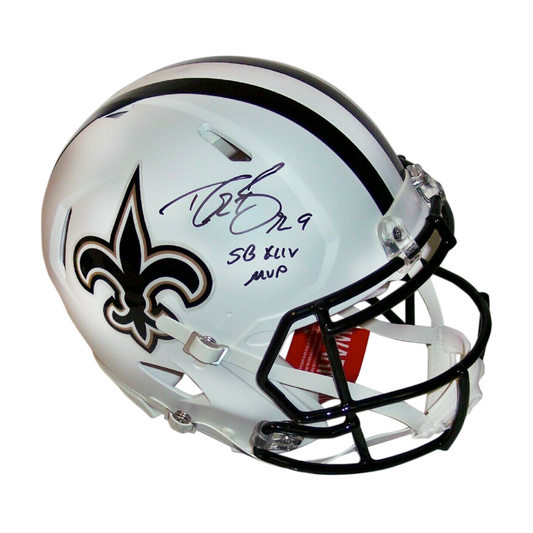 Drew Brees Autographed Hand Signed New Orleans Saints Flat White Speed Full Size Authentic Football Helmet - SB XLIV MVP Inscription - BAS Authentication