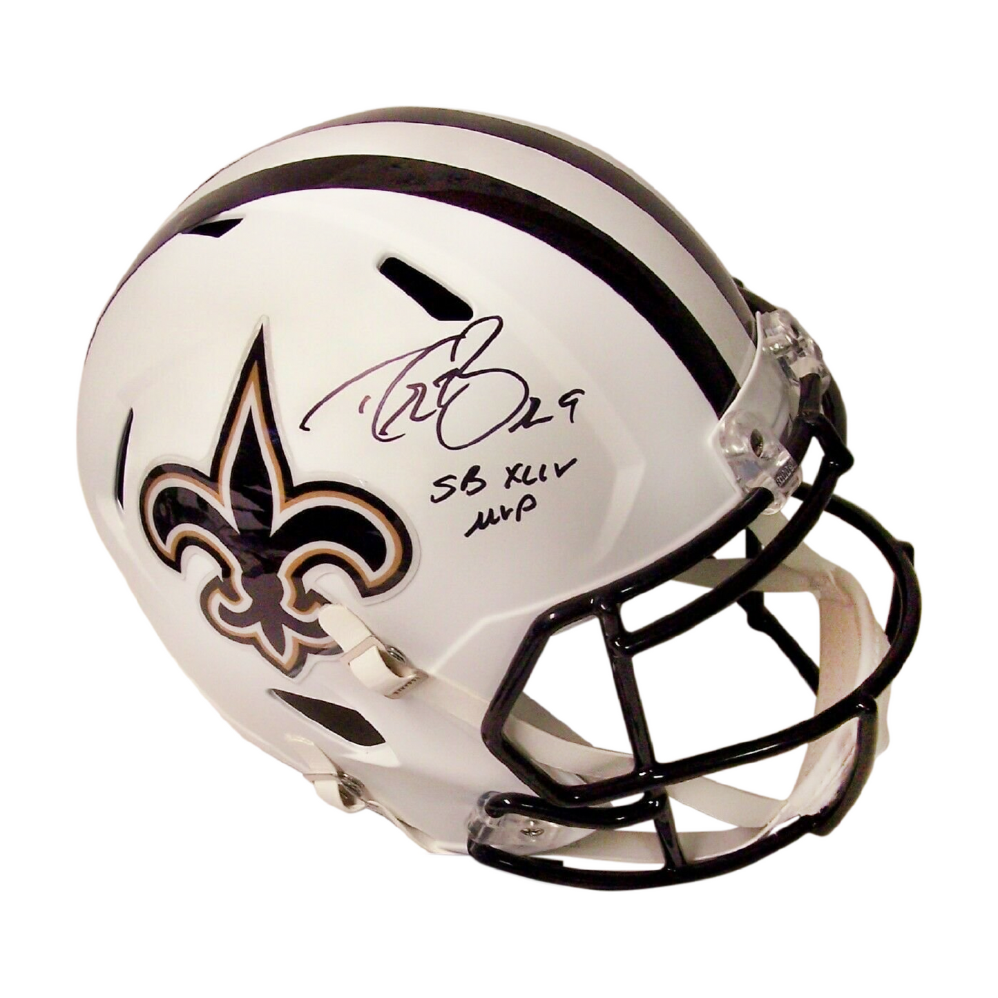 Drew Brees Autographed Hand Signed New Orleans Saints Flat White Speed Full Size Replica Football Helmet - SB XLIV MVP Inscription - BAS Authentication