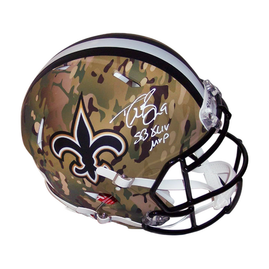 Drew Brees Autographed Hand Signed Riddell Saints Camo Speed Full Size Authentic Pro Football Helmet - SB XLIV MVP inscription