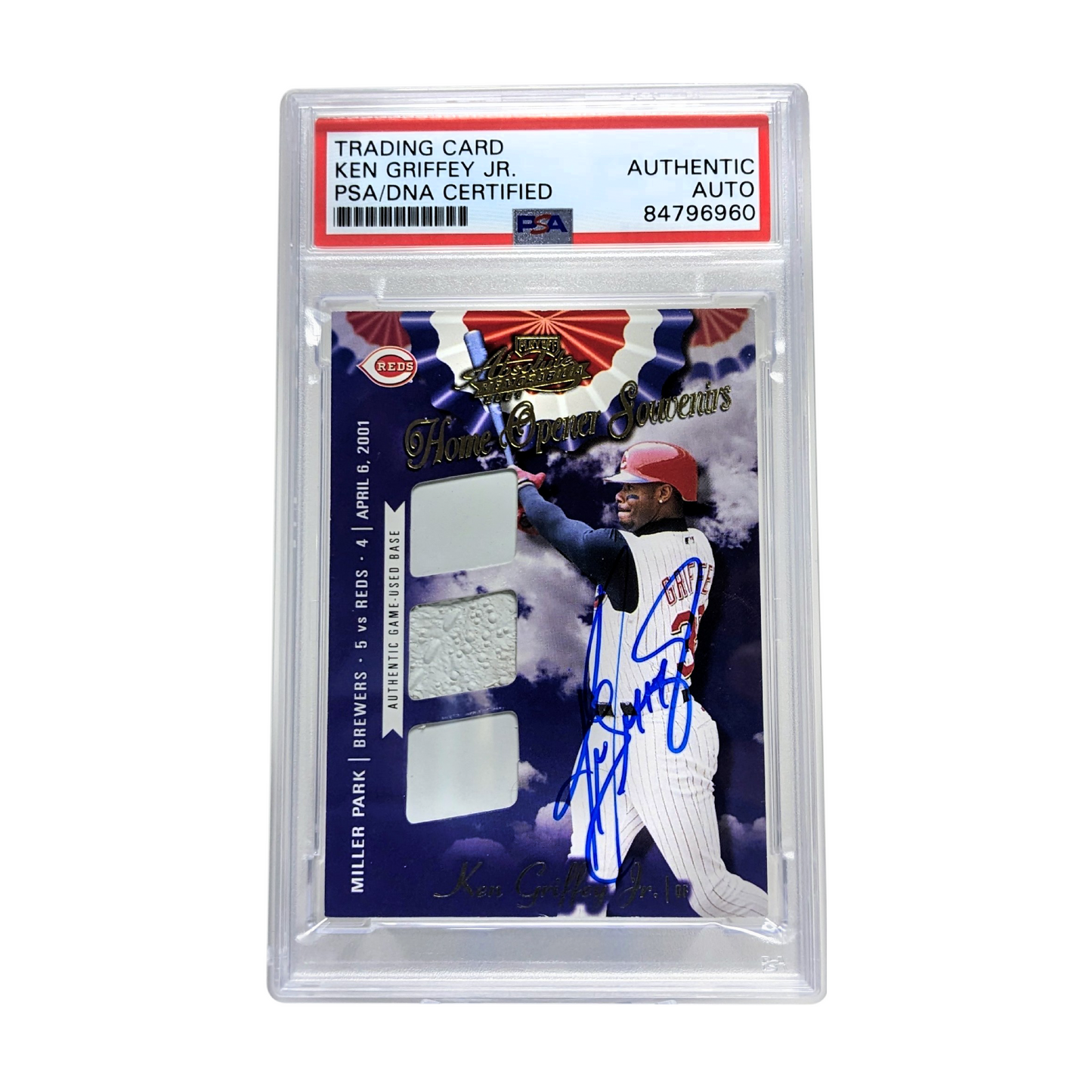 Ken Griffey Jr 2001 Playoff Absolute Home Opener Souvenirs Game Used Bases 40 of 75 Autographed Card - PSA Encapsulated Authentic Auto