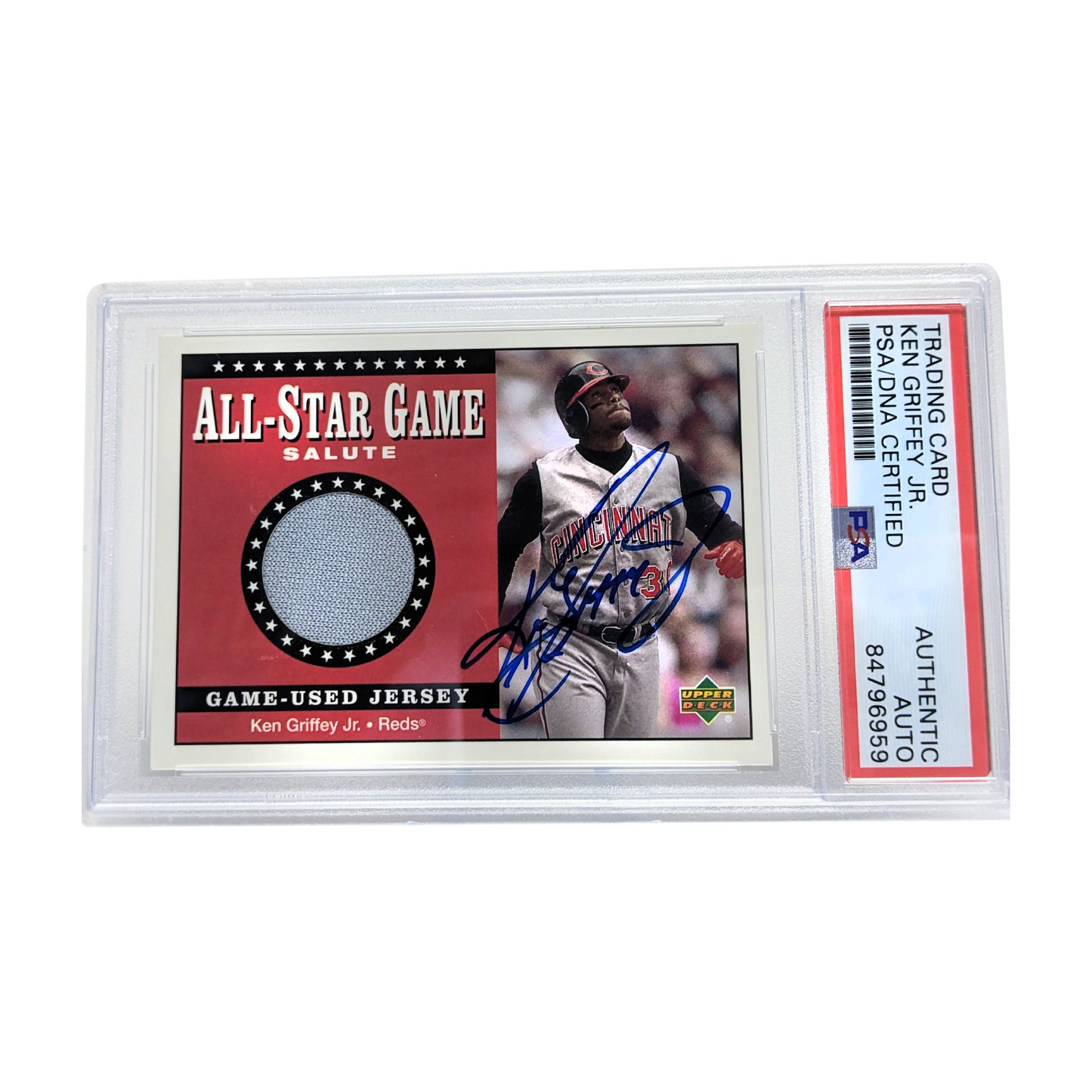 Ken Griffey Jr 2001 Upper Deck All Star Game Salute Game Used Jersey Relic Autographed Card - PSA Encapsulated Authentic Auto