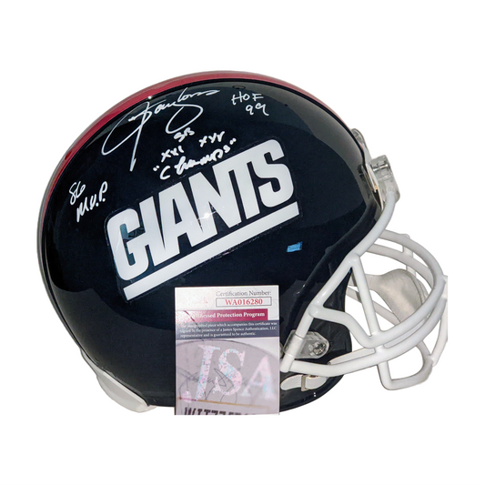 Lawrence Taylor - Riddell Giants VSR4 Full Size Authentic Helmet with HOF, Champs and MVP Inscriptions. JSA Authentication.